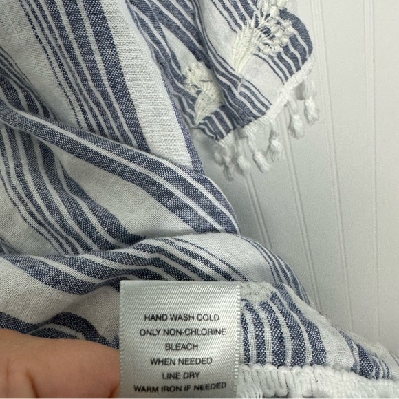 John Mark Top XL Linen Floral Stripes Embroidered Tassels Casual Coastal - Picture 7 of 10